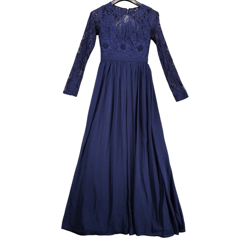 Maniju Navy Blue Lace Open Back Maxi Dressβ Sz S Chiffon Lined Long Sleeve Prom